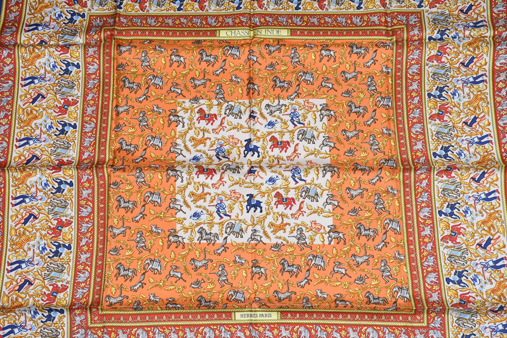 Hermes Scarf Chasse en Inde silk 90 cm blue yellow Carre India hunter 35"