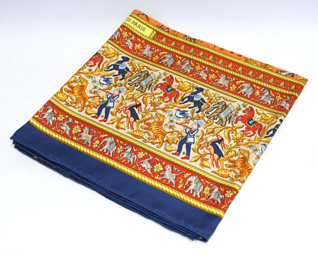 Hermes Scarf Chasse en Inde silk 90 cm blue yellow Carre India hunter 35"