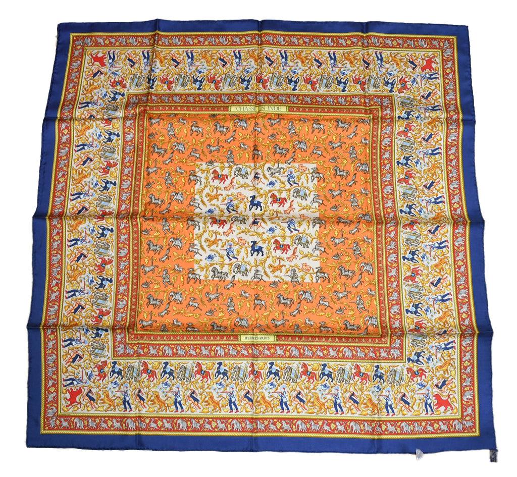 Hermes Scarf Chasse en Inde silk 90 cm blue yellow Carre India hunter 35"