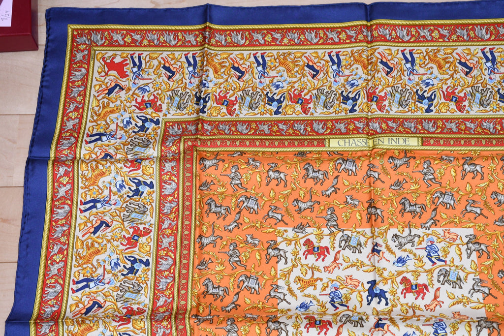 Hermes Scarf Chasse en Inde silk 90 cm blue yellow Carre India hunter 35"
