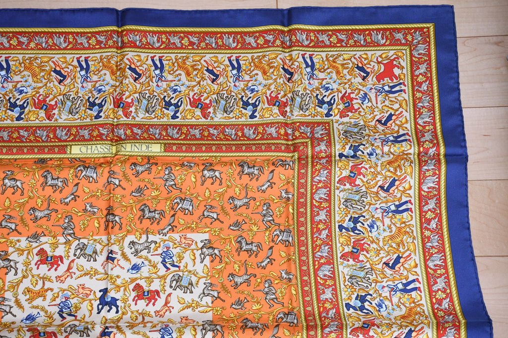 Hermes Scarf Chasse en Inde silk 90 cm blue yellow Carre India hunter 35"