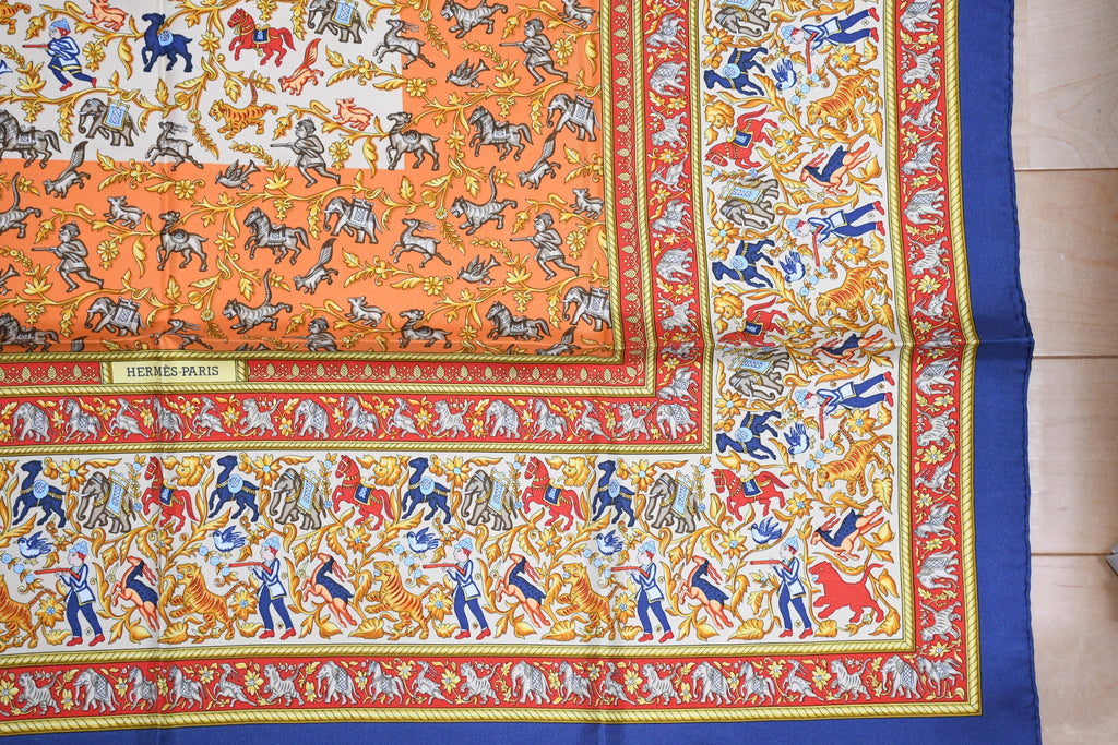 Hermes Scarf Chasse en Inde silk 90 cm blue yellow Carre India hunter 35"