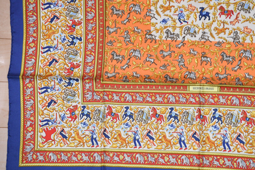 Hermes Scarf Chasse en Inde silk 90 cm blue yellow Carre India hunter 35"