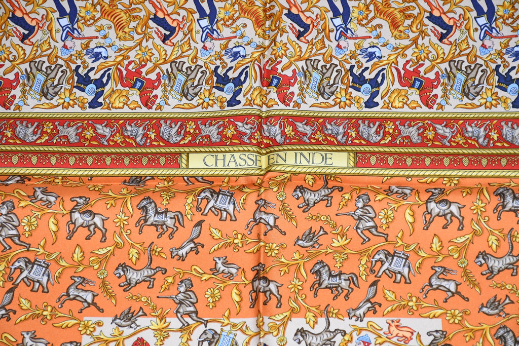 Hermes Scarf Chasse en Inde silk 90 cm blue yellow Carre India hunter 35"