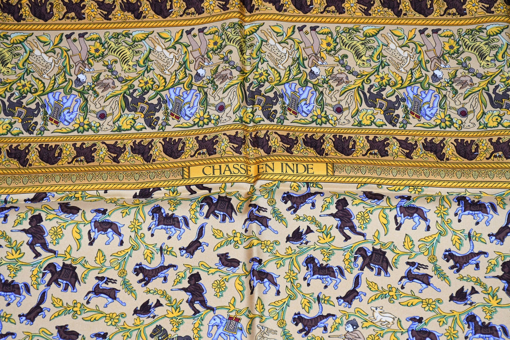 Hermes Scarf Chasse en Inde silk 90 cm pink yellow Carre India hunter 35"