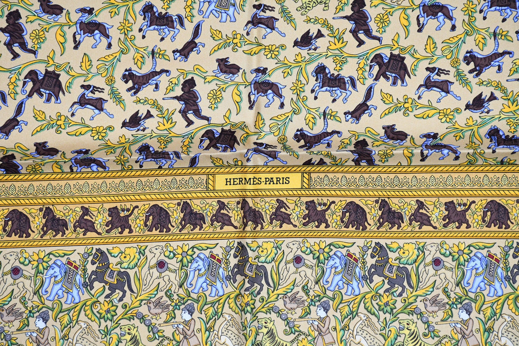 Hermes Scarf Chasse en Inde silk 90 cm pink yellow Carre India hunter 35"