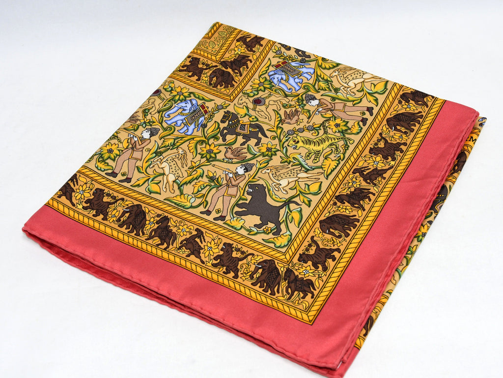 Hermes Scarf Chasse en Inde silk 90 cm pink yellow Carre India hunter 35"