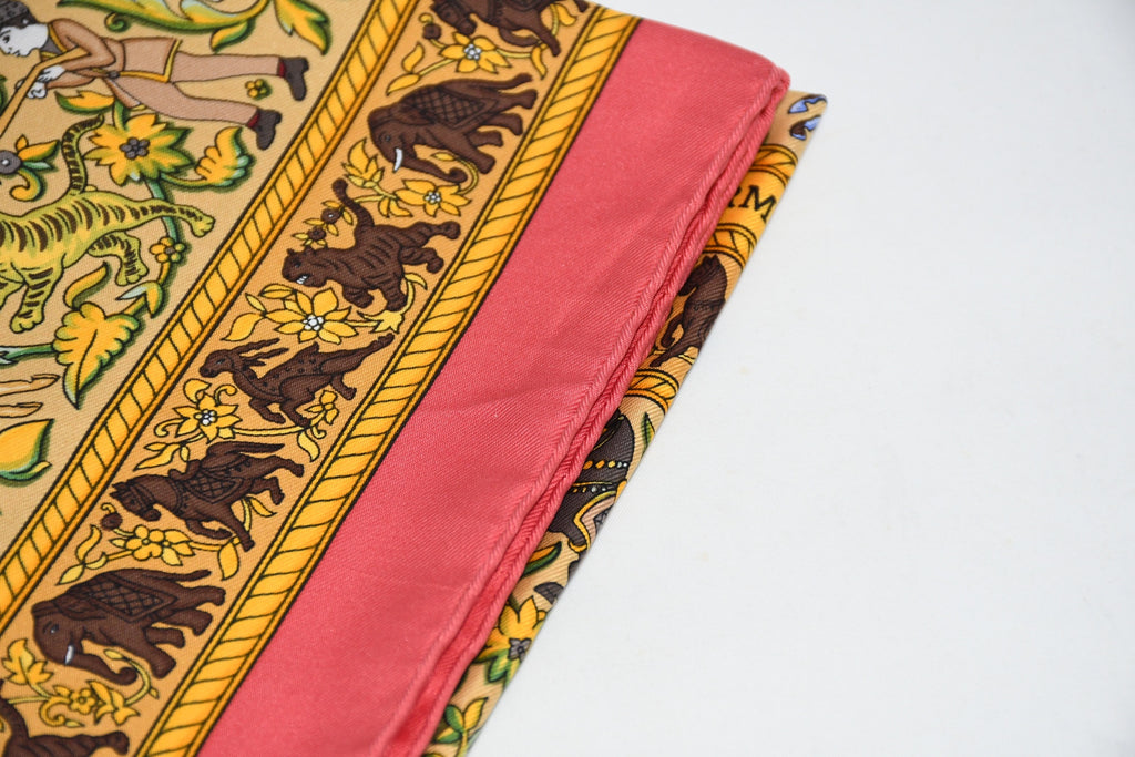 Hermes Scarf Chasse en Inde silk 90 cm pink yellow Carre India hunter 35"