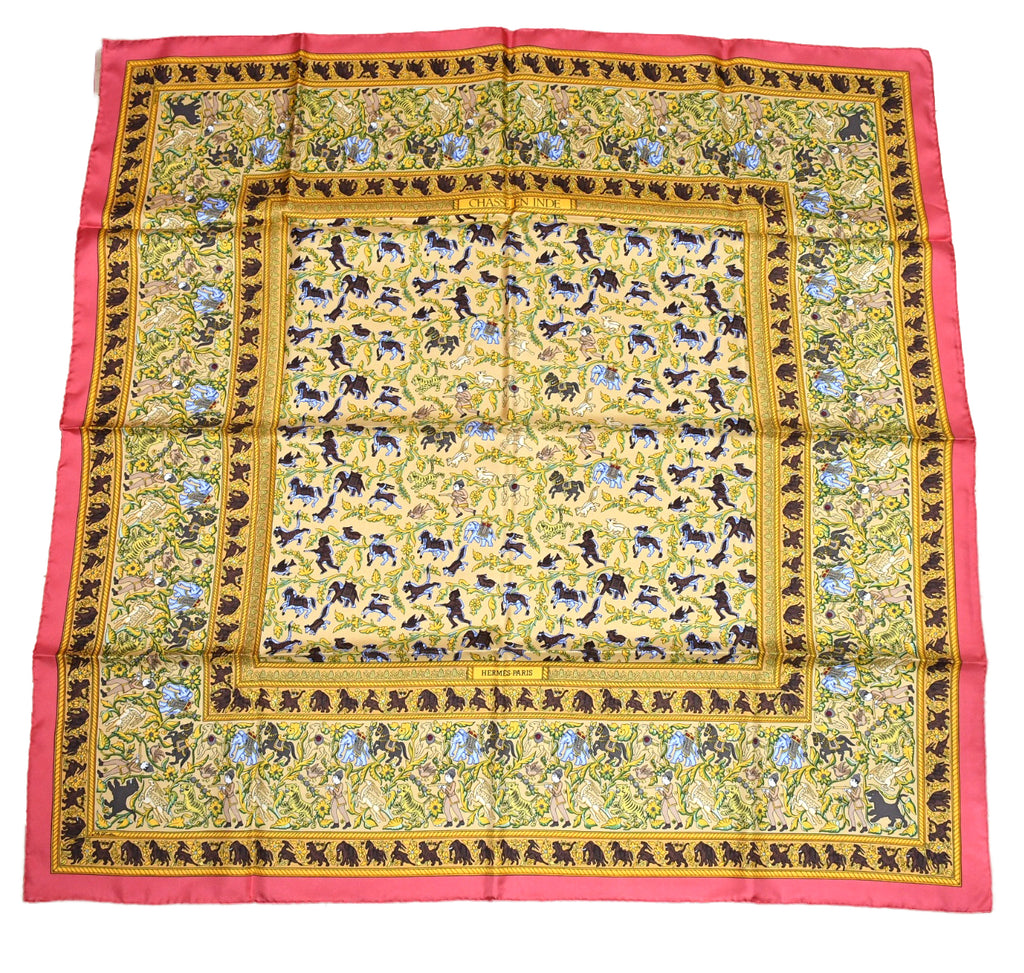 Hermes Scarf Chasse en Inde silk 90 cm pink yellow Carre India hunter 35"