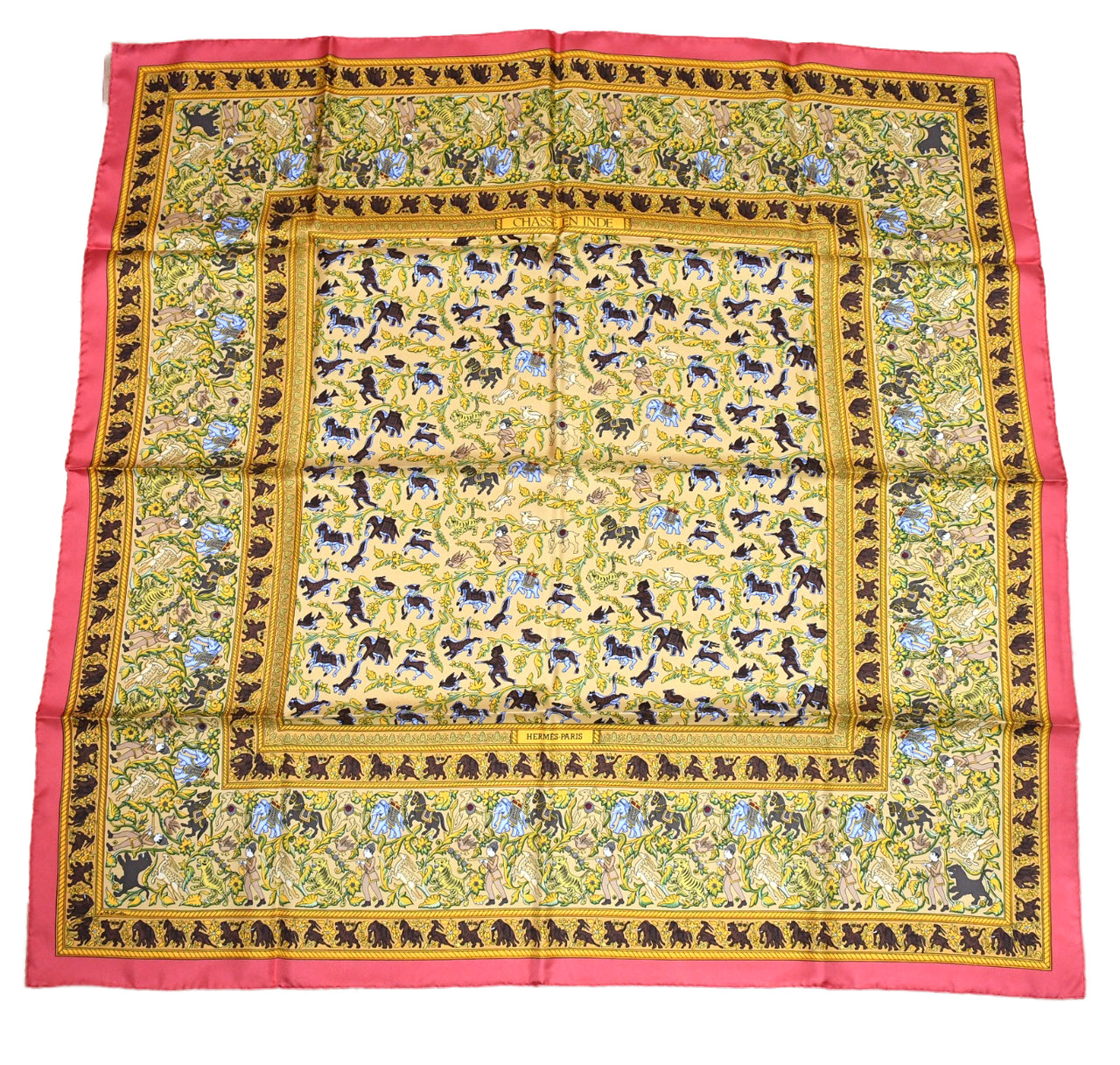 Hermes Scarf Chasse en Inde silk 90 cm pink yellow Carre India hunter 35"