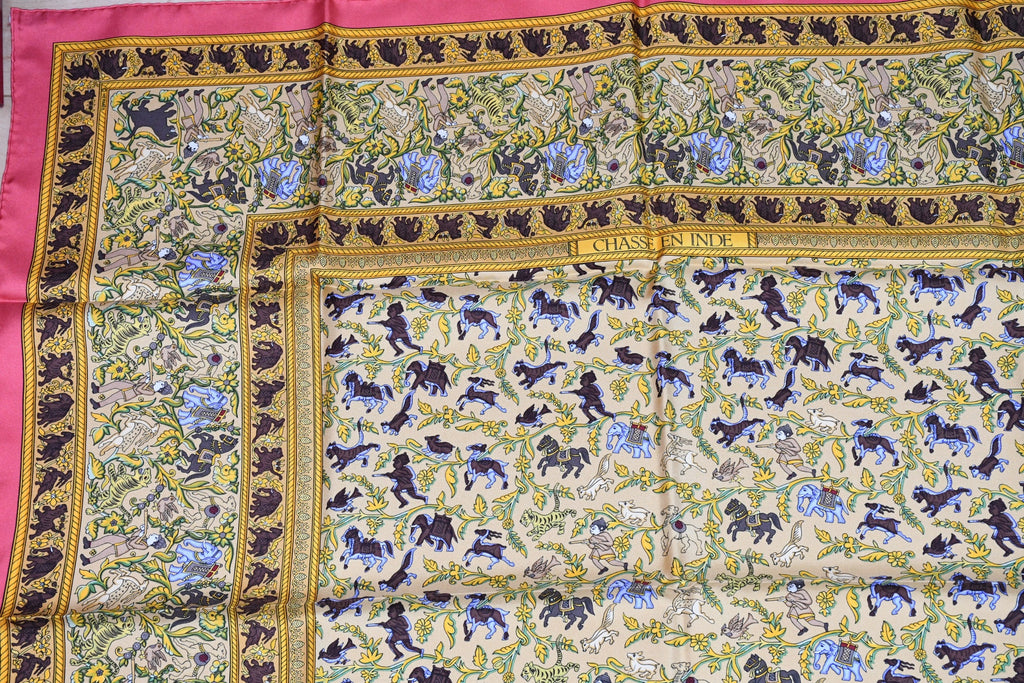 Hermes Scarf Chasse en Inde silk 90 cm pink yellow Carre India hunter 35"