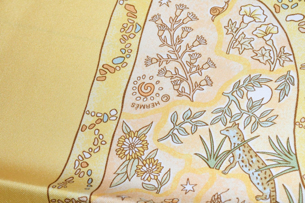 Hermes Scarf Chemins de Garrigue 90 cm Silk yellow coral road Carre 35"