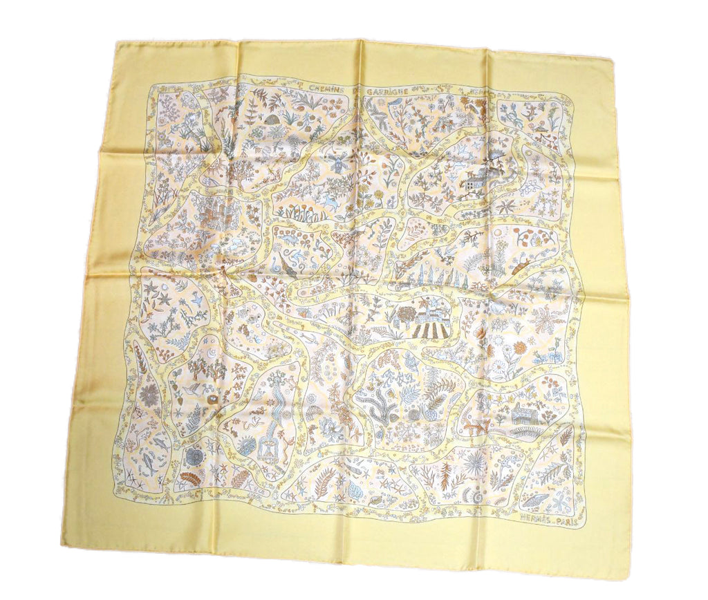 Hermes Scarf Chemins de Garrigue 90 cm Silk yellow coral road Carre 35"