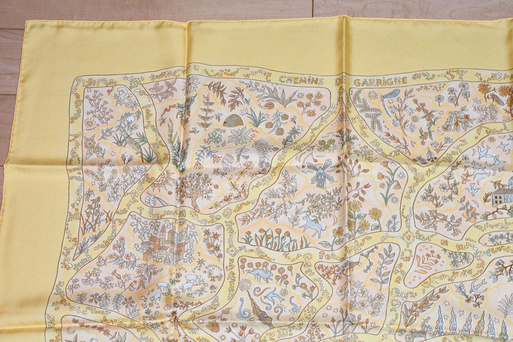 Hermes Scarf Chemins de Garrigue 90 cm Silk yellow coral road Carre 35"