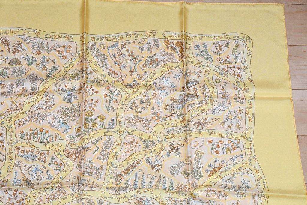 Hermes Scarf Chemins de Garrigue 90 cm Silk yellow coral road Carre 35"