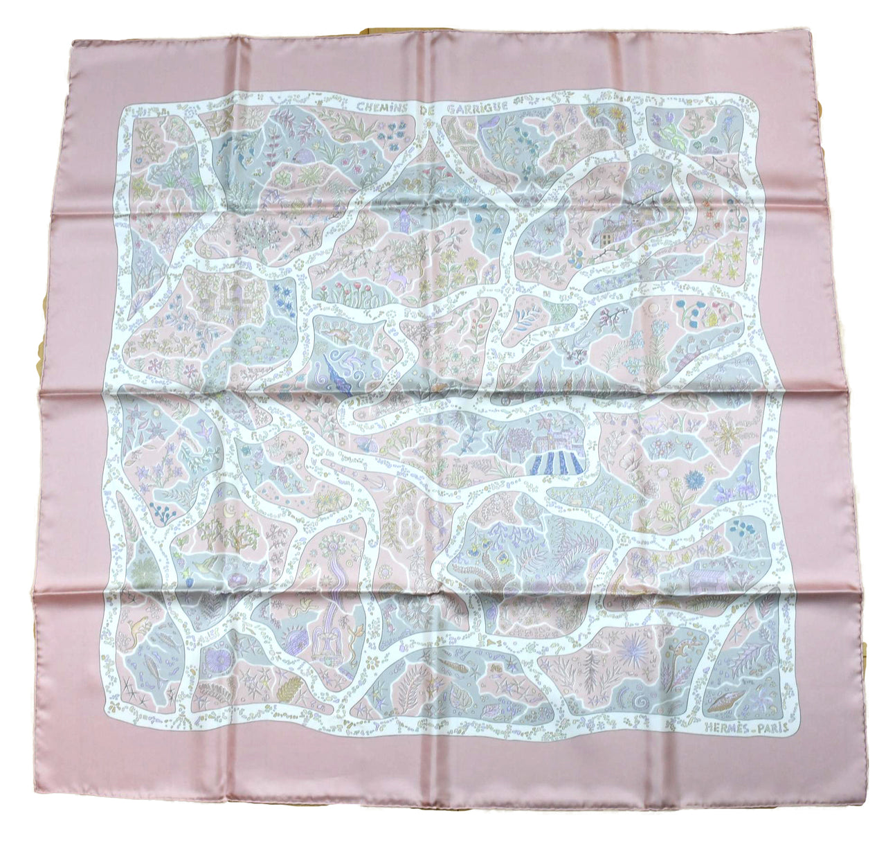 Hermes Scarf Chemins de Garrigue 90 cm silk pink Carre paths 35"
