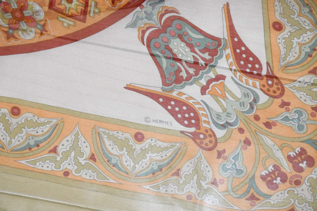 Hermes Scarf Ciels Byzantins 90 cm Chiffon Silk mousseline Beige muslin 35"