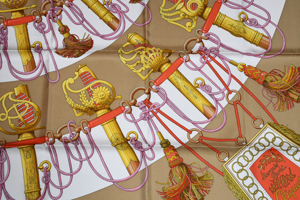 Hermes Scarf Cliquetis 90 cm silk blue beige Carre key chain 35"