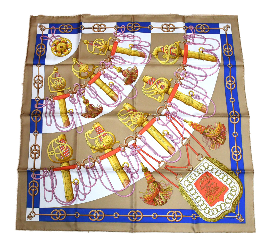 Hermes Scarf Cliquetis 90 cm silk blue beige Carre key chain 35"
