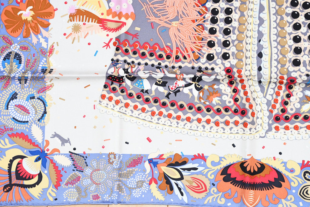 Hermes Scarf Costume de Fete 90 cm silk light blue white Carre jewelry 35"