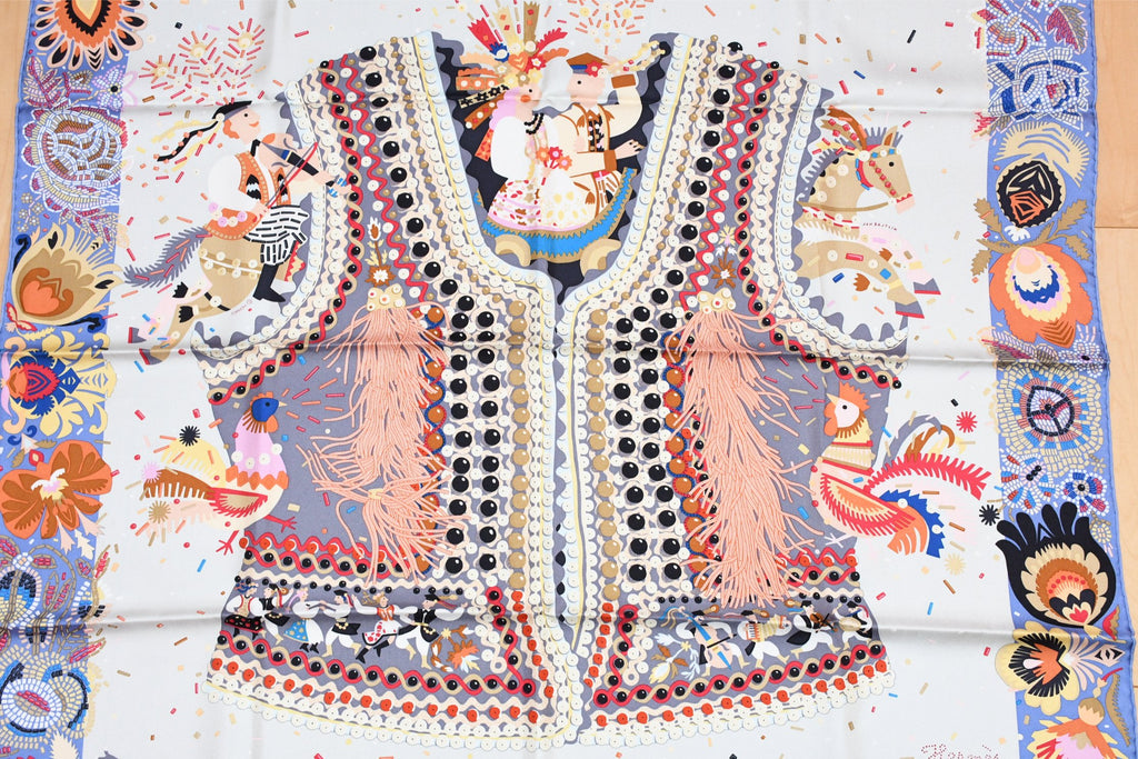 Hermes Scarf Costume de Fete 90 cm silk light blue white Carre jewelry 35"