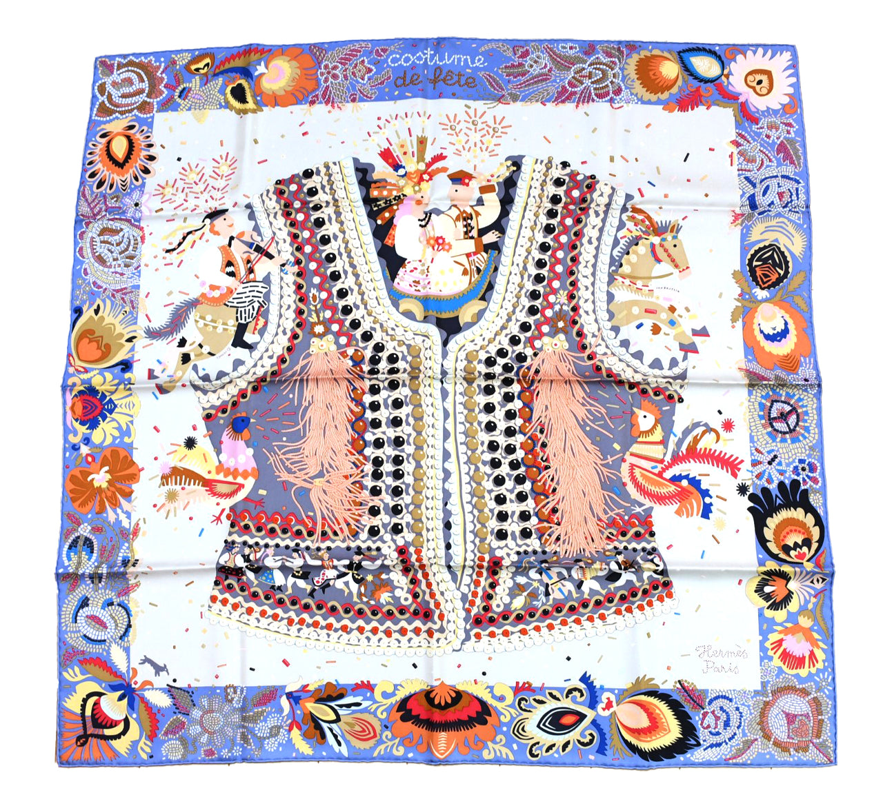 Hermes Scarf Costume de Fete 90 cm silk light blue white Carre jewelry 35"