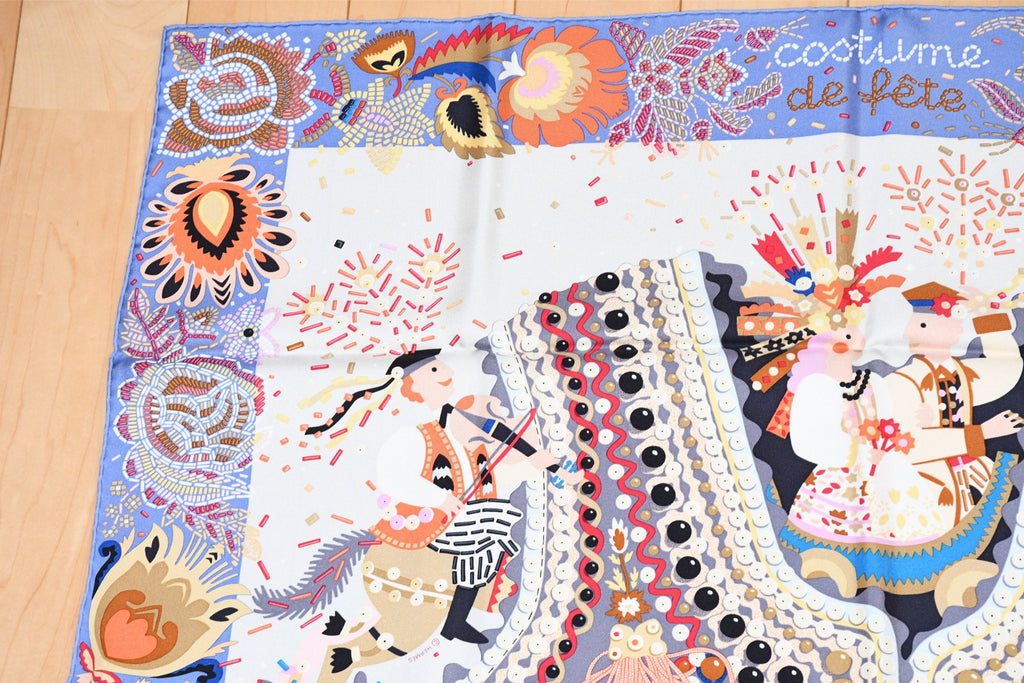 Hermes Scarf Costume de Fete 90 cm silk light blue white Carre jewelry 35"