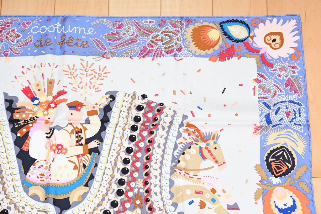 Hermes Scarf Costume de Fete 90 cm silk light blue white Carre jewelry 35"