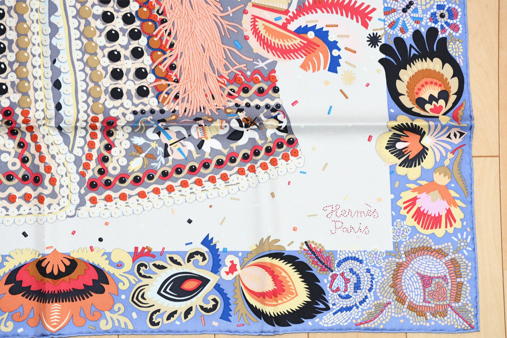 Hermes Scarf Costume de Fete 90 cm silk light blue white Carre jewelry 35"