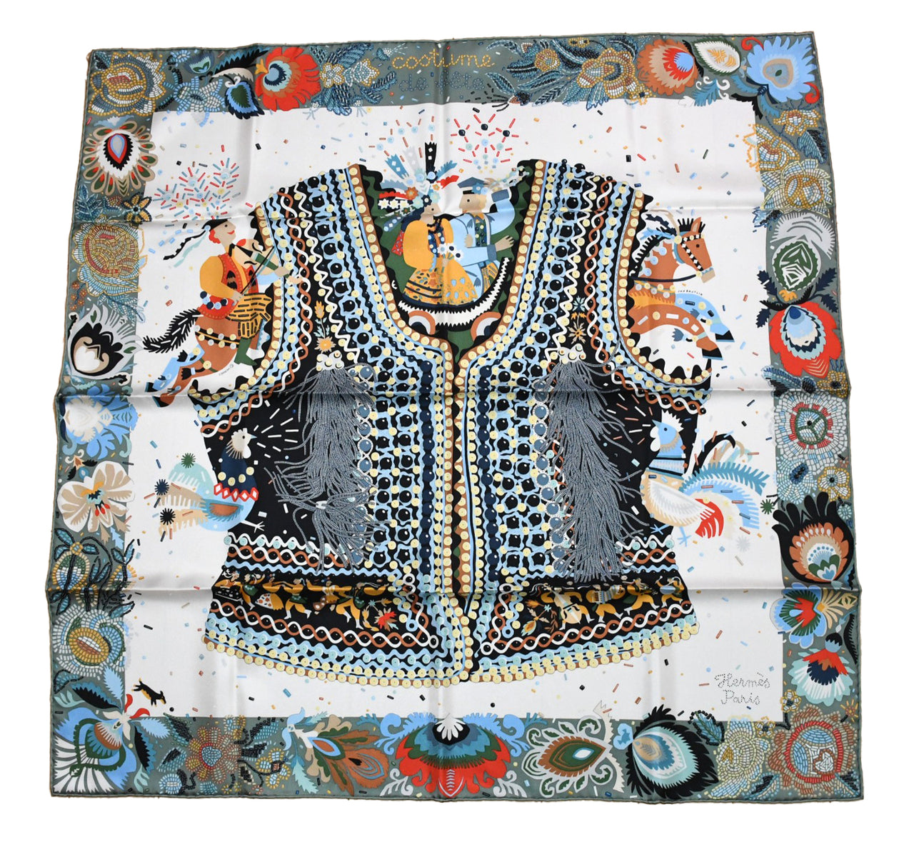 Hermes Scarf Costume de Fete by Jan Bajtlik 90 cm silk green Carre jewelry 35"