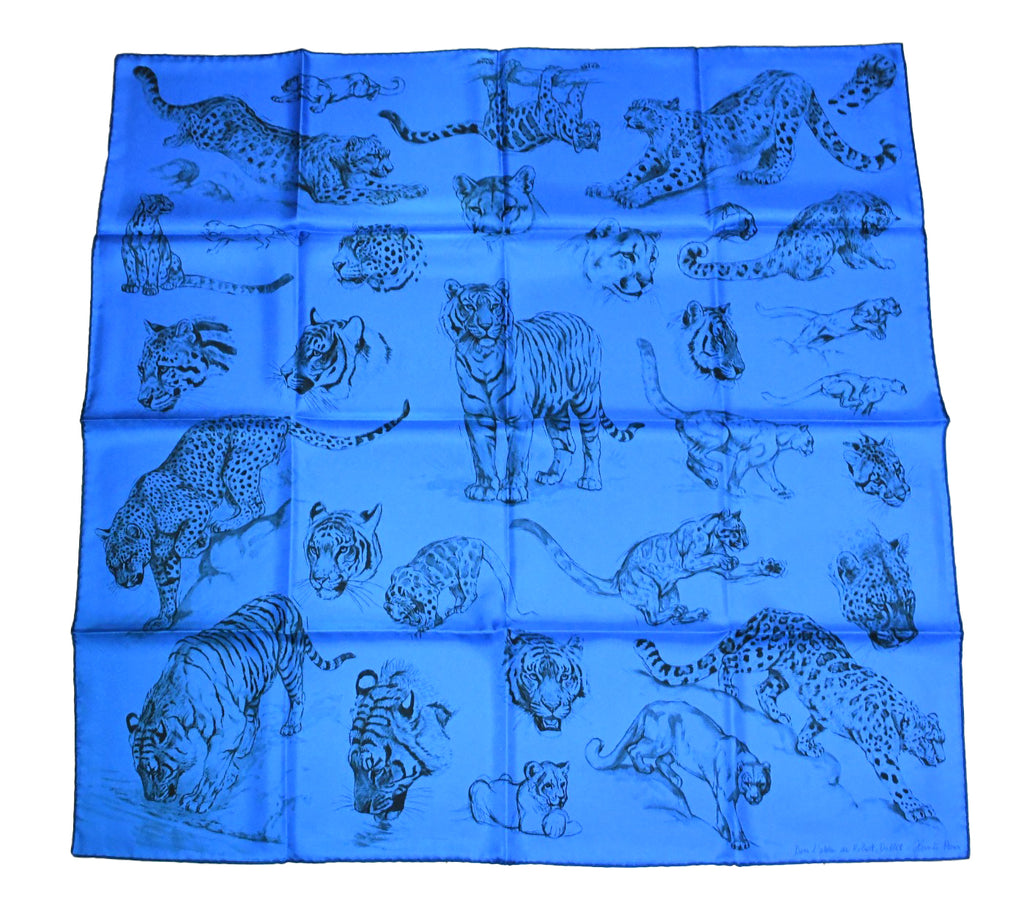 Hermes Scarf Dans l'atelier de Robert Dallet 90 cm silk blue Carre jaguar tiger 35"