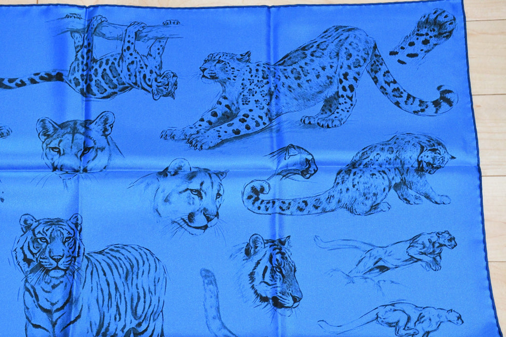 Hermes Scarf Dans l'atelier de Robert Dallet 90 cm silk blue Carre jaguar tiger 35"