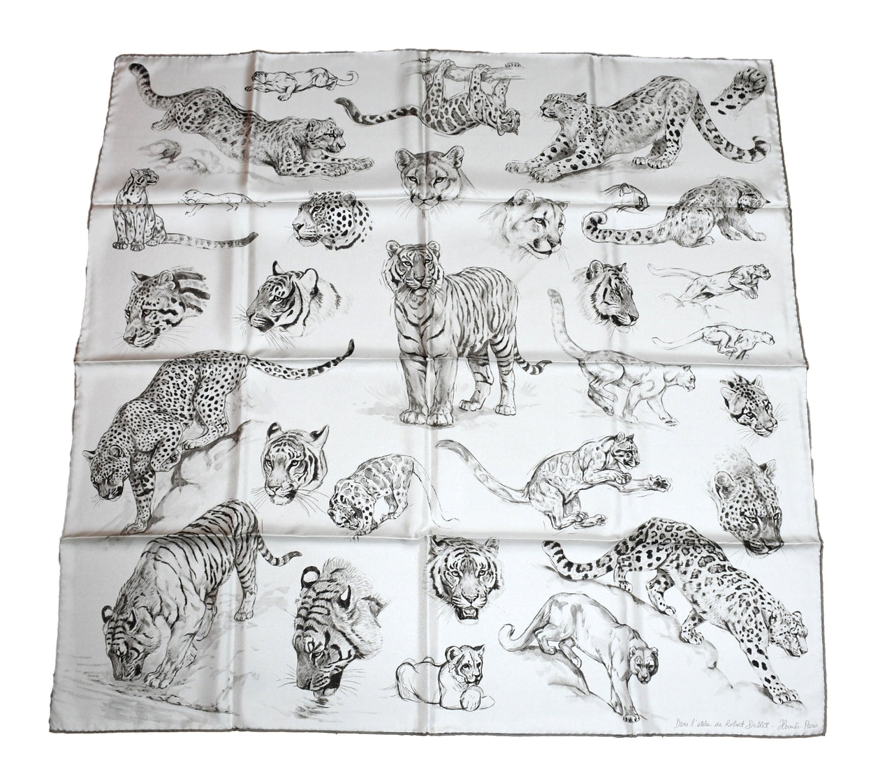 Hermes Scarf Dans l'atelier de Robert Dallet 90 cm silk gray beige Carre jaguar tiger