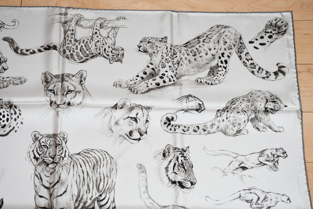 Hermes Scarf Dans l'atelier de Robert Dallet 90 cm silk gray beige Carre jaguar tiger
