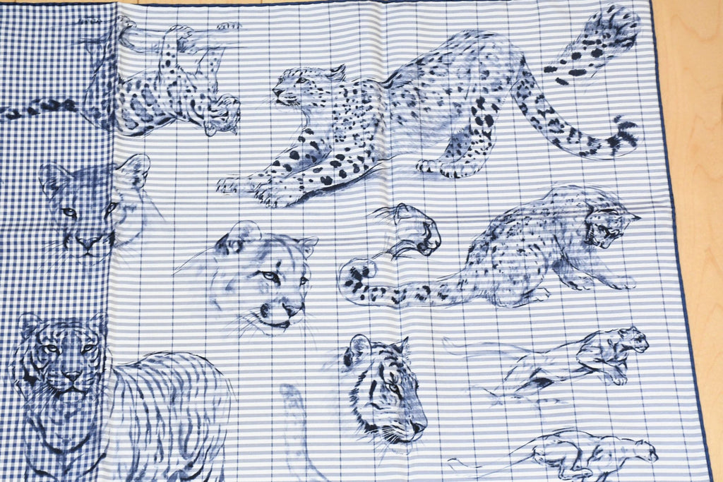 Hermes Scarf Dans l'atelier de Robert Dallet 90 cm silk marine blue Carre jaguar tiger 093