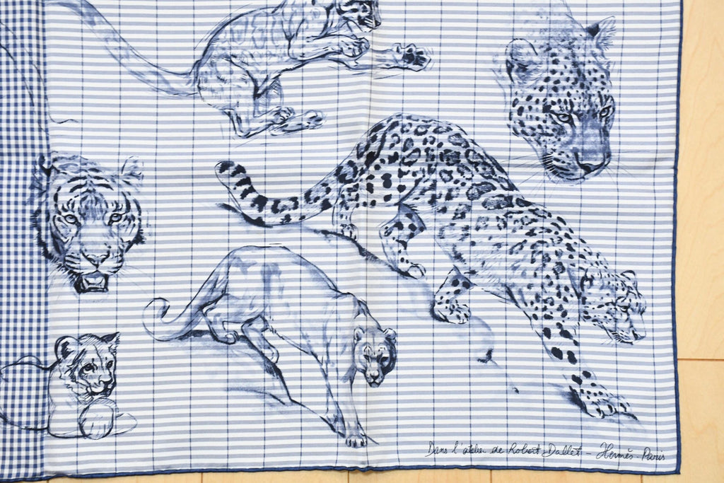 Hermes Scarf Dans l'atelier de Robert Dallet 90 cm silk marine blue Carre jaguar tiger 093