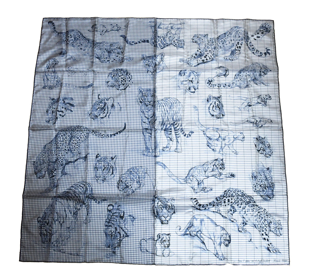 Hermes Scarf Dans l'atelier de Robert Dallet 90 cm silk marine blue jaguar tiger