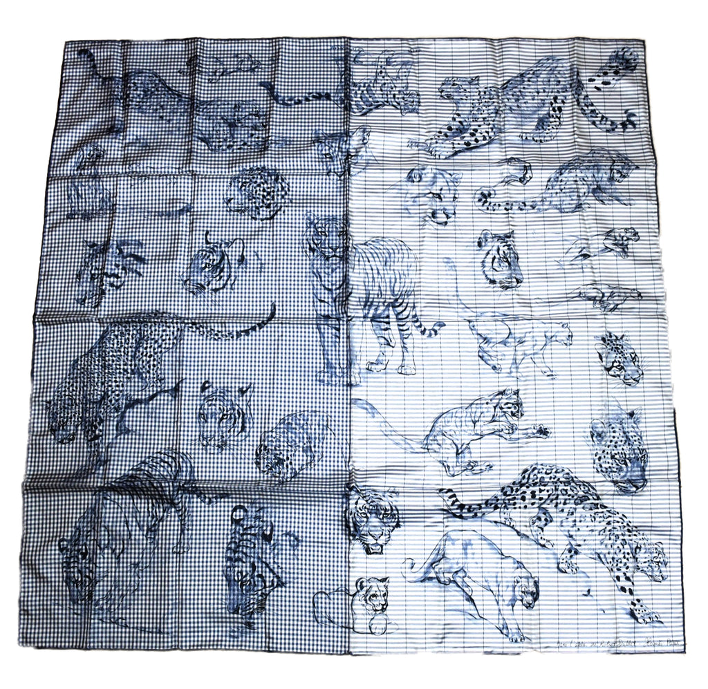 Hermes Scarf Dans l'atelier de Robert Dallet 90 cm silk marine blue jaguar tiger