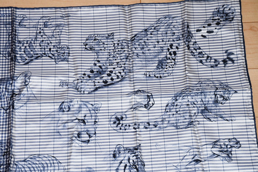 Hermes Scarf Dans l'atelier de Robert Dallet 90 cm silk marine blue jaguar tiger