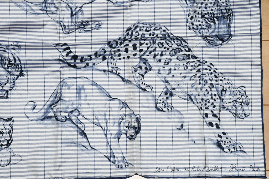 Hermes Scarf Dans l'atelier de Robert Dallet 90 cm silk marine blue jaguar tiger