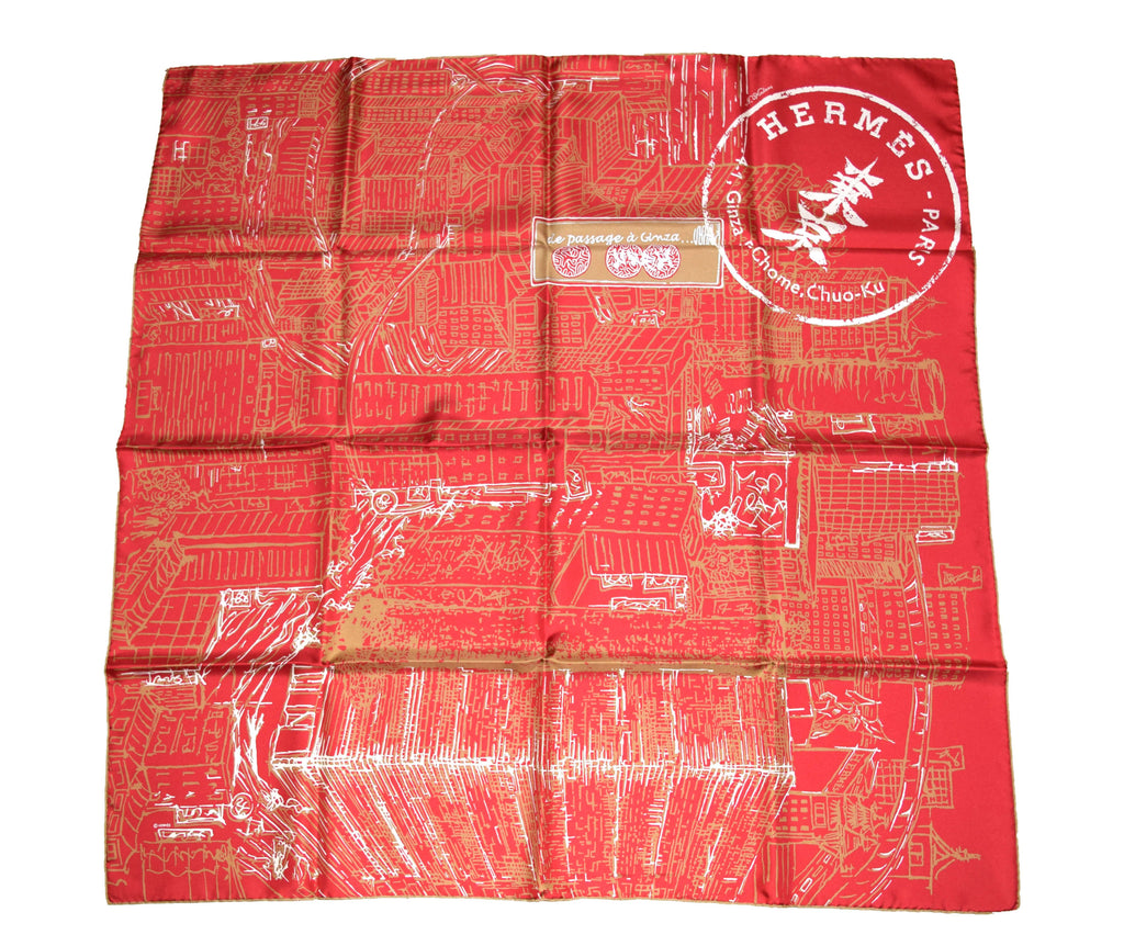 Hermes Scarf De Passage a Ginza Tokyo Silk 90 cm Red Carre 35"