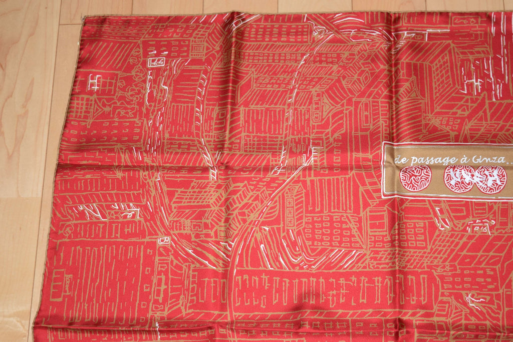 Hermes Scarf De Passage a Ginza Tokyo Silk 90 cm Red Carre 35"