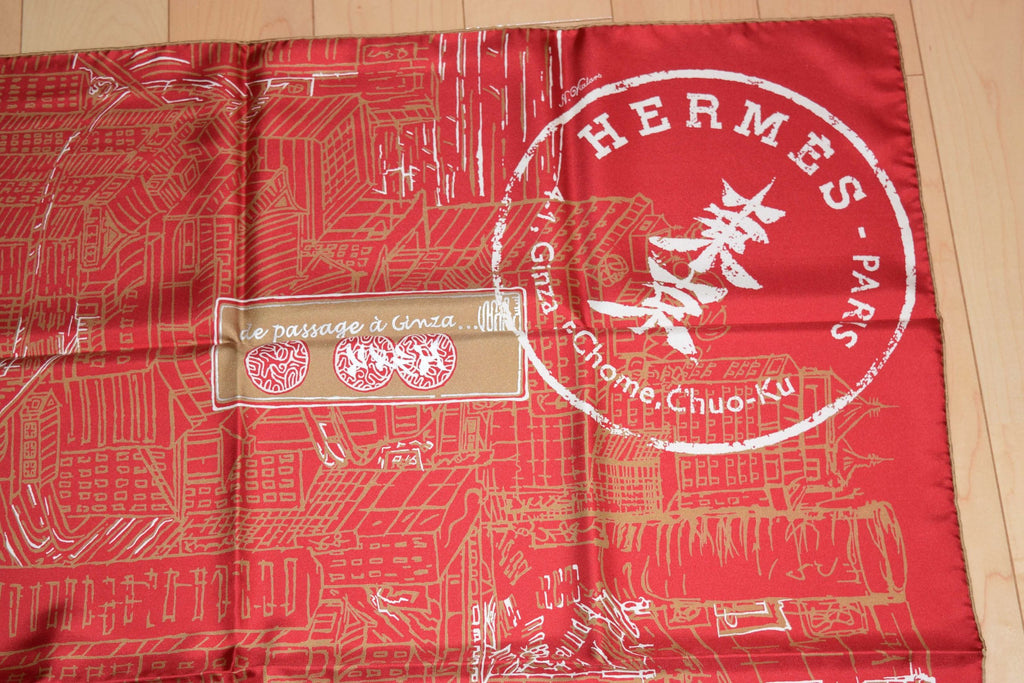 Hermes Scarf De Passage a Ginza Tokyo Silk 90 cm Red Carre 35"