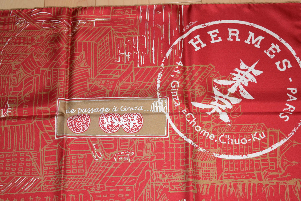 Hermes Scarf De Passage a Ginza Tokyo Silk 90 cm Red Carre 35"