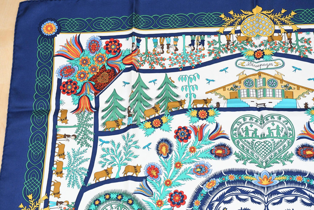 Hermes Scarf Decoupage 90 cm silk blue Carre Christmas snow cutouts 053