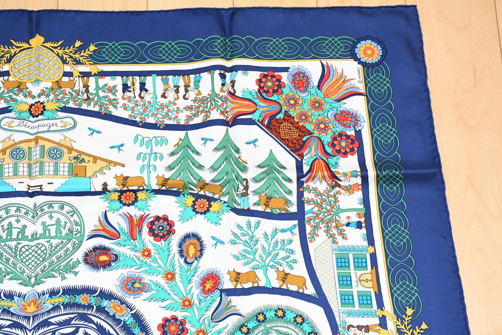 Hermes Scarf Decoupage 90 cm silk blue Carre Christmas snow cutouts 053