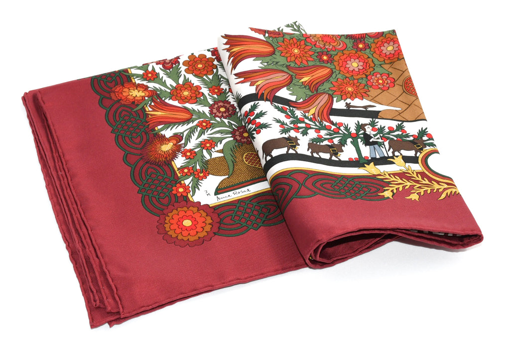 Hermes Scarf Decoupage Silk 90 cm Wine red Carre Carre Christmas snow cutouts 0217