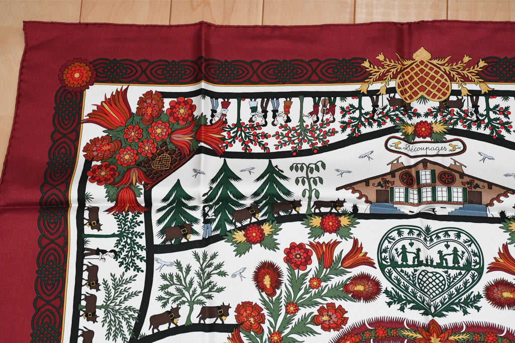 Hermes Scarf Decoupage Silk 90 cm Wine red Carre Carre Christmas snow cutouts 0217