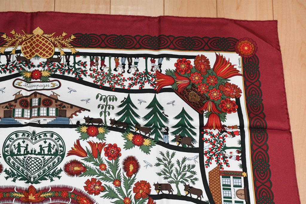 Hermes Scarf Decoupage Silk 90 cm Wine red Carre Carre Christmas snow cutouts 0217