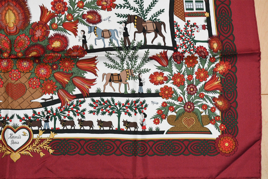 Hermes Scarf Decoupage Silk 90 cm Wine red Carre Carre Christmas snow cutouts 0217